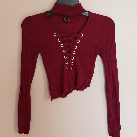 Windsor Sweaters - Windsor asymmetrical crop burgundy sweater